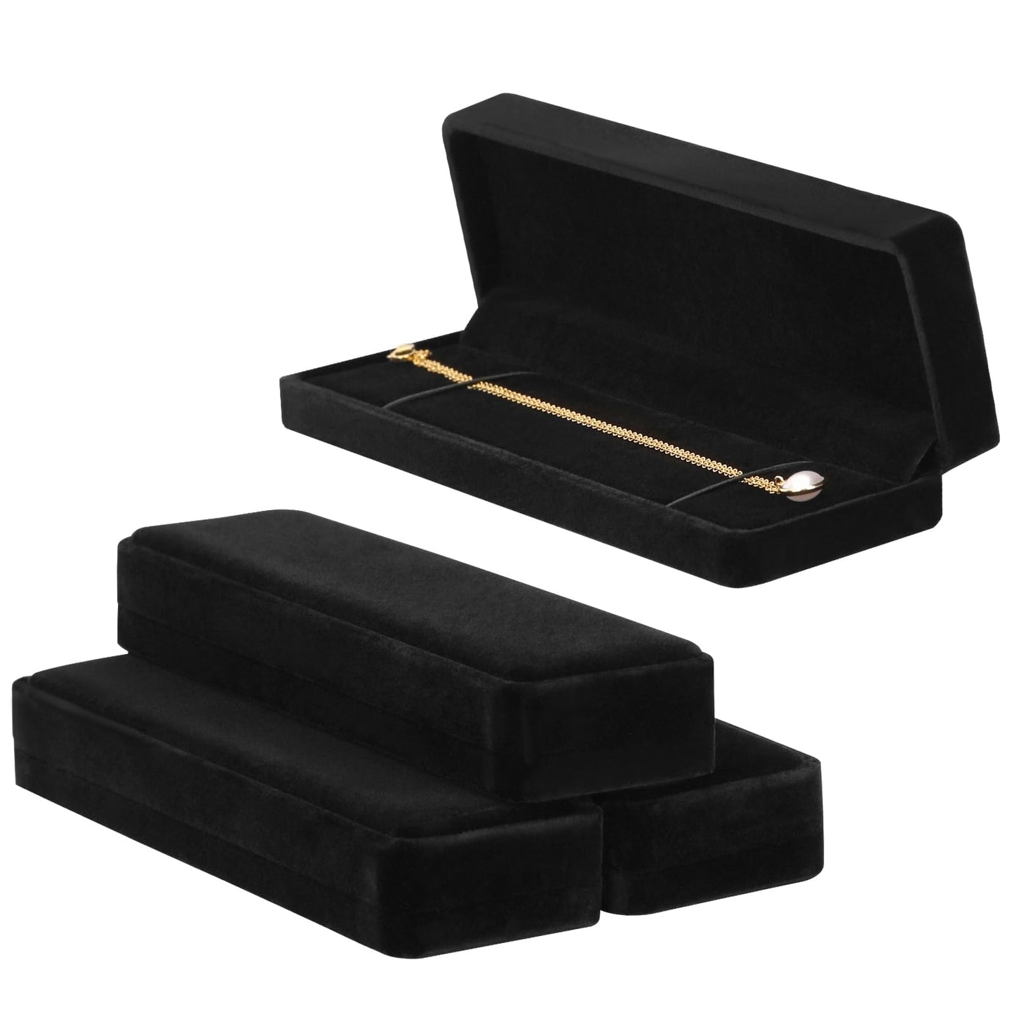 LETURE 4 Pieces Velvet Bracelet Necklace Pendant Jewelry Box, Small Long Jewelry Watch Gift Box for Proposal, Wedding, Engagement, Christmas (BLACK-4PCS)