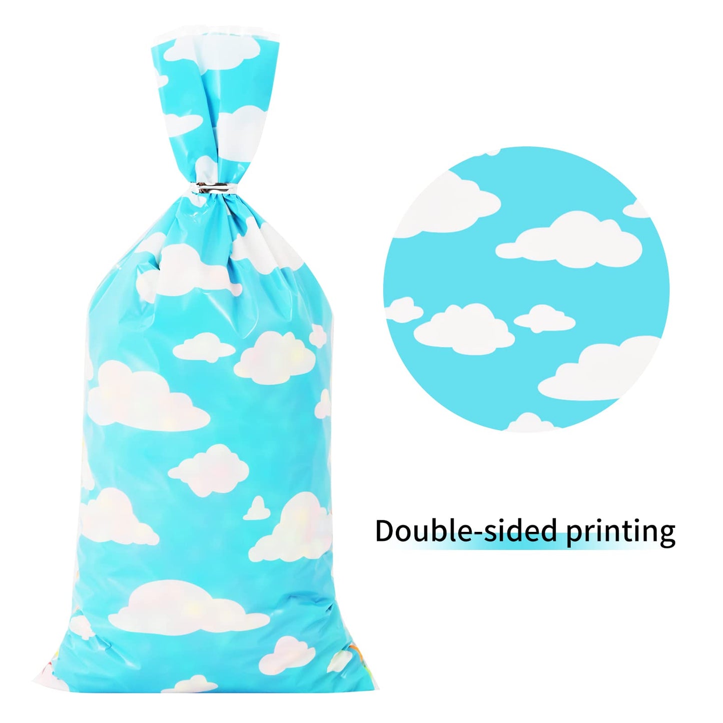 Lecferrarc 100 Pcs Blue Sky White Clouds Treat Bags White Clouds Print Cellophane Candy Bags Cartoon Story Party Favors with Twist Ties for Birthday Party Baby Shower Supplies