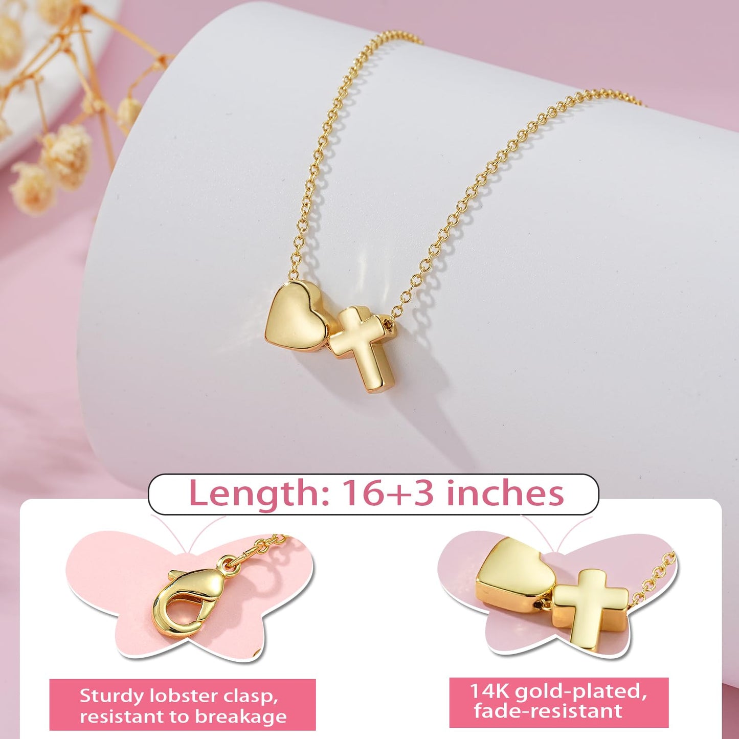 Confirmation First Communion Baptism Gifts for Girls, 14K Gold Plated Heart Cross Necklace for Daughter Granddaughter Niece Sister Christian Religious Gifts 16+3 Inches