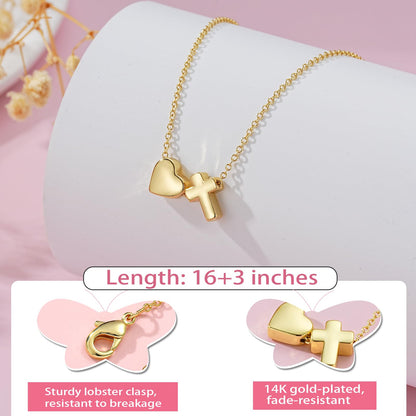 Confirmation First Communion Baptism Gifts for Girls, 14K Gold Plated Heart Cross Necklace for Daughter Granddaughter Niece Sister Christian Religious Gifts 16+3 Inches