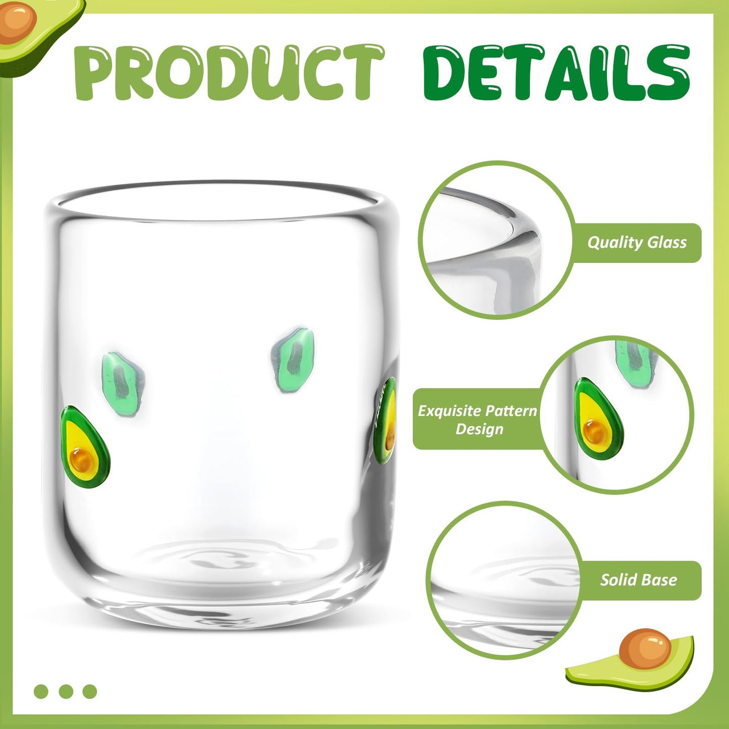 SiliFine 2 Pcs Avocado Icon Juice Glasses - 14oz Avocado Stemless Wine Drinking Coffee Glass Cup for Fruit Party Supplies & Gift