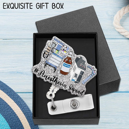 Anesthesia Squad Fun Glitter Badge Scroll Retractable, Cute Badge Holder for Anesthesiologists, Christmas Birthday Graduation Gift for Doctors Nurses ICU MD Anesthesiologist Assistant