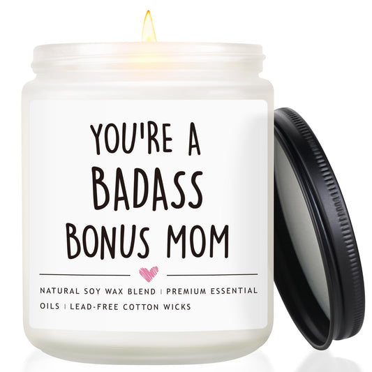 Bonus Mom Gifts from Daughter Son, Mothers Day Gifts for Stepmother, Badass Jar Candle Gift for Stepmom, Birthday Thanksgiving Day Christmas Gift for Stepmom, Adopted Moms, Second Moms
