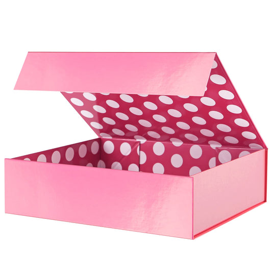 GREEN BEAN Gift Box 13x9.7x3.4 Inches, Large Pink Gift Box with Lid for Presents, Magnetic Gifts Box for Clothes, Shirt, Christmas (Glossy Metallic Pink, Dot Design Inside)