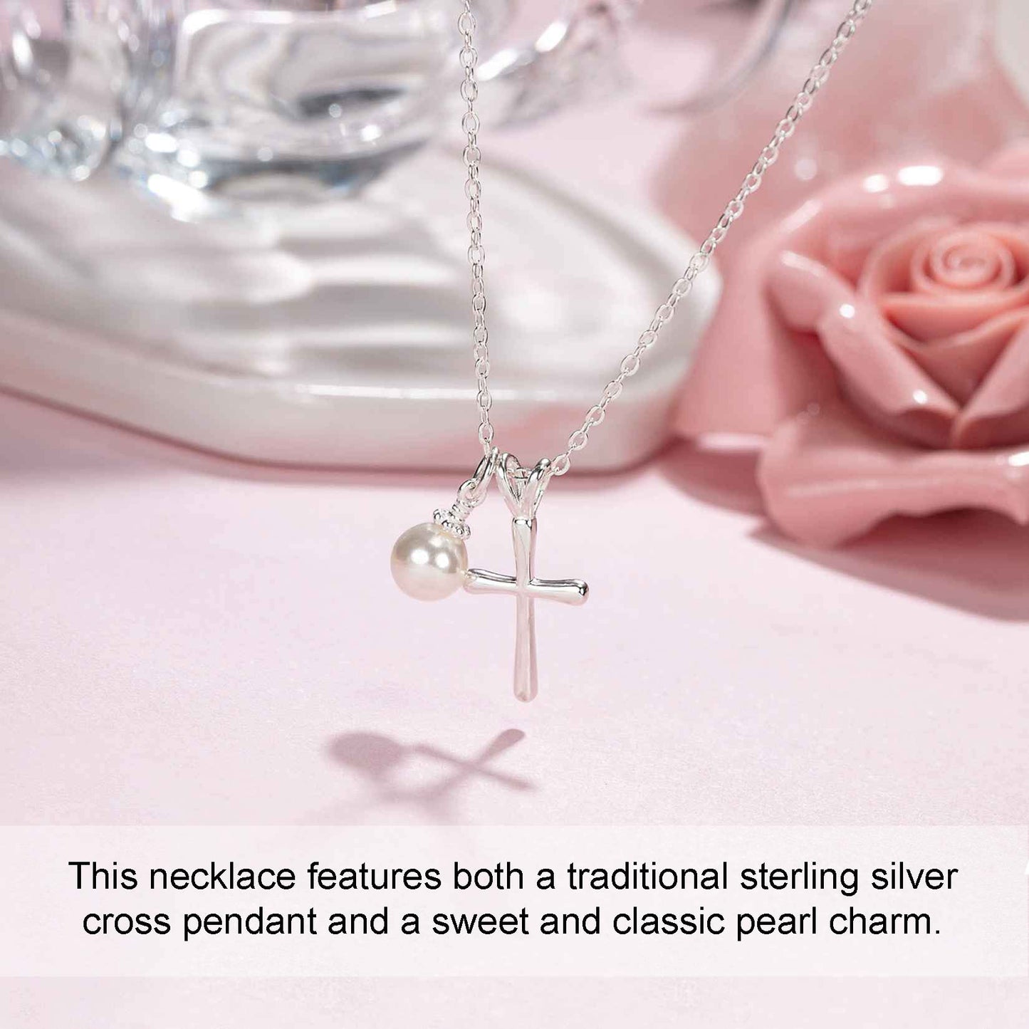 Sterling Silver Cross Necklace for Girls - First Communion, Baptism, Confirmation Gifts for Teenage Girl, Little Girls Jewelry with Pearl, Easter Gifts for Godchild