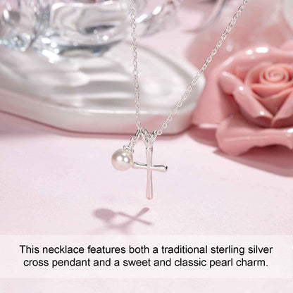 Sterling Silver Cross Necklace for Girls - First Communion, Baptism, Confirmation Gifts for Teenage Girl, Little Girls Jewelry with Pearl, Easter Gifts for Godchild