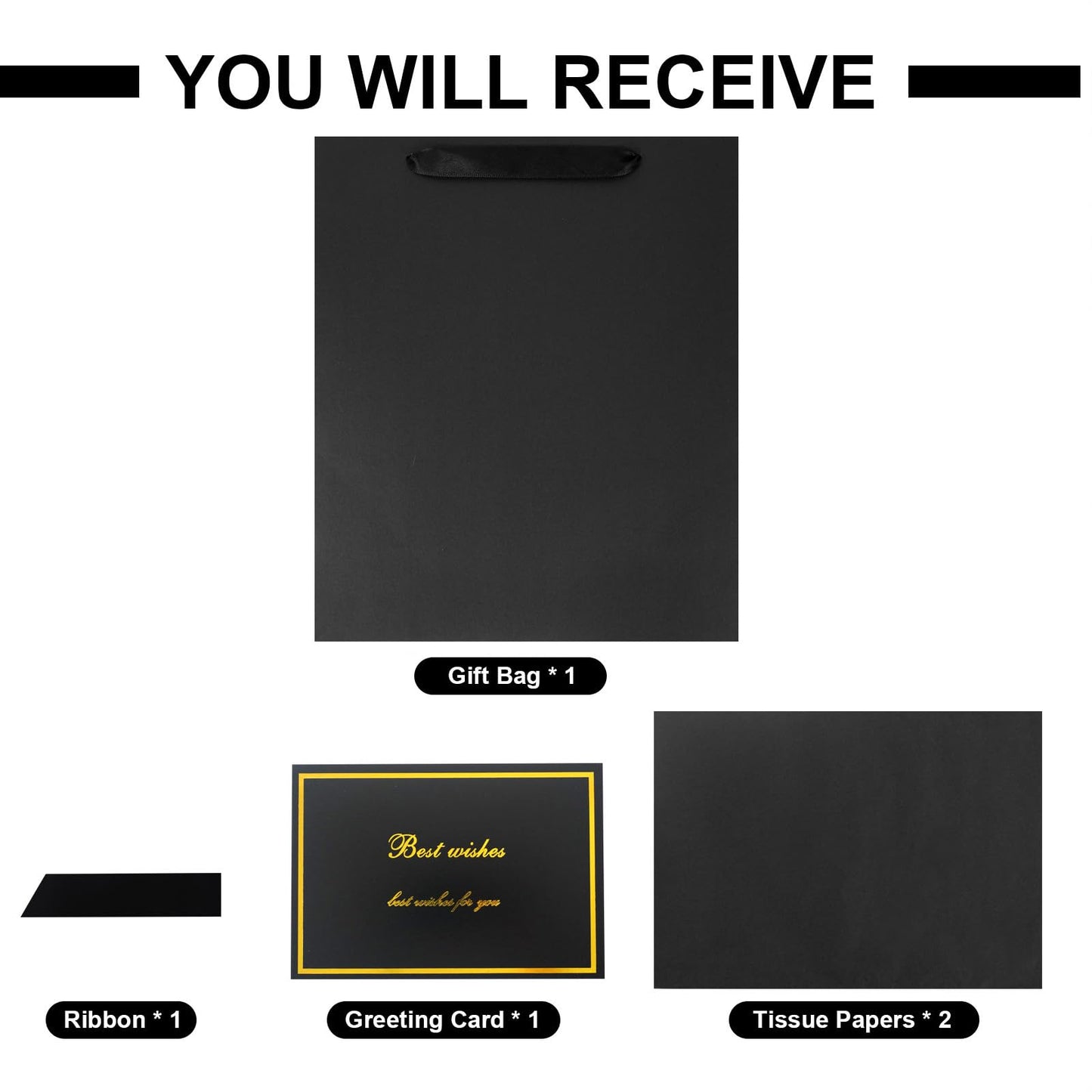 Elegant Black Gift Bag 10.2"x4.7"x12.2" with Ribbons Handles, Includes Card and Tissue Papers for Weddings, Birthdays, Baby Shower, Parties, Holidays