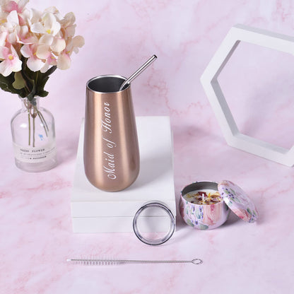 DHQH Maid of Honor Proposal Gift Box - Rose Gold Stemless Stainless Steel Champagne Glasses，Will You Be My Maid of Honor