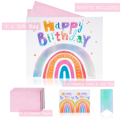LaRibbons 13" Large Rainbow Birthday Gift Bag with Tissue Paper and Greeting Card, Pink with Holographic Design, Perfect for Girls and Kids Birthday