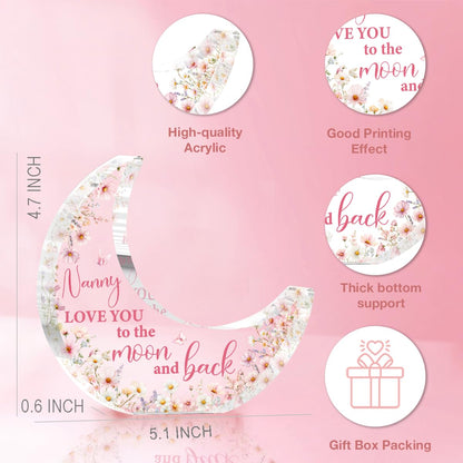 Nanny Gifts, Mothers Day Birthday Gifts for Grandma, Moon Acrylic Desk Decorations, Retirement Appreciation Gift for Women Granny Nana, Pink Floral Acrylic Plaque for Office Bedroom Decor
