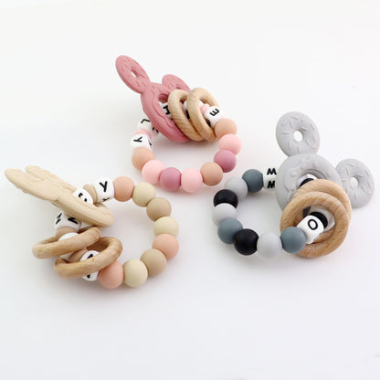 Personalized Baby Teether with Name - Custom Mouse Silicone Teether & Natural Wooden Ring for Boys & Girls - Handmade Unique Baby Shower Gift for Infants & Toddlers (Khaki)