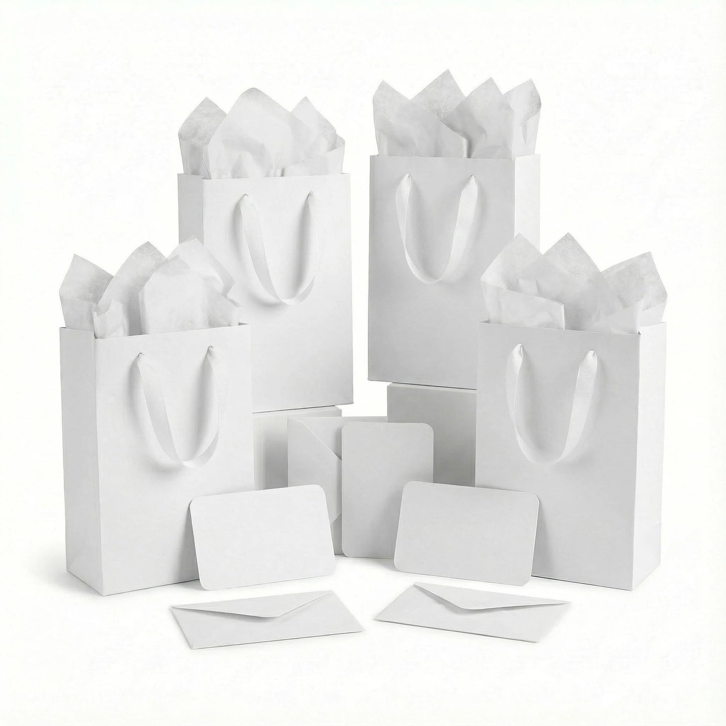 JUNESHE 4 Sets Small White Gift Bags, 8 inch Tiny Little Paper Bag Matching Card Envelope Sticker Black Tissue Paper for Birthday Party Favors Baby Bridal Shower Shopping Presents Wedding Welcome