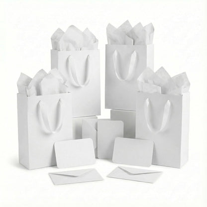 JUNESHE 4 Sets Small White Gift Bags, 8 inch Tiny Little Paper Bag Matching Card Envelope Sticker Black Tissue Paper for Birthday Party Favors Baby Bridal Shower Shopping Presents Wedding Welcome