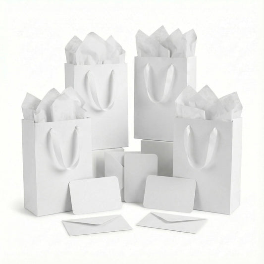 JUNESHE 4 Sets Small White Gift Bags, 8 inch Tiny Little Paper Bag Matching Card Envelope Sticker Black Tissue Paper for Birthday Party Favors Baby Bridal Shower Shopping Presents Wedding Welcome