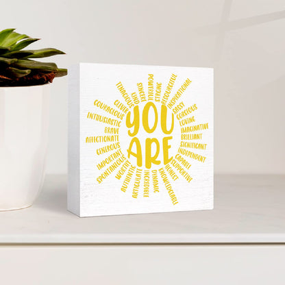 Yellow Sunshine Wood Box Sign You Are Sun Decor Wooden Block Signs Motivational Sign Inspirational Desk Décor for Home Office Bedroom Classroom Table Décor