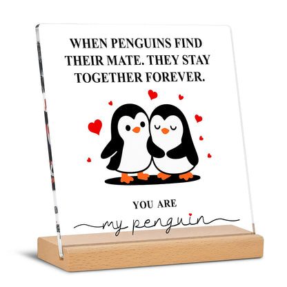 Romantic Penguin Acrylic Plaque with Wooden Stand, 5.9×5.9 Inch Clear Acrylic for Home Office Decor, Wedding Engagement Anniversary Birthday Valentines Day Gifts for Couples Him Her