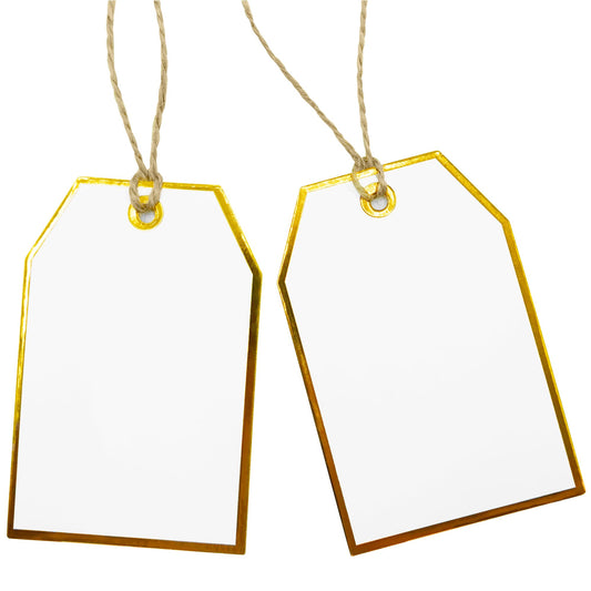 100Pcs Gold Gift Tags with String Attached Foil Gold Frame Large White Paper Gift Tags Presents with 65 Ft Jute Twine for Christmas Holiday Baby Shower Wedding Birthday Gift Wrap Tags