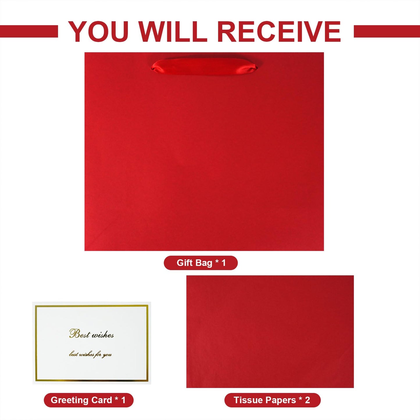 Elegant Red Gift Bag 11.8"x4.5"x9.8" with Ribbon Handles, Includes Card and Tissue Papers, Perfect for Birthdays, Weddings, Parties, Holidays, Baby Shower