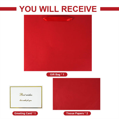 Elegant Red Gift Bag 11.8"x4.5"x9.8" with Ribbon Handles, Includes Card and Tissue Papers, Perfect for Birthdays, Weddings, Parties, Holidays, Baby Shower