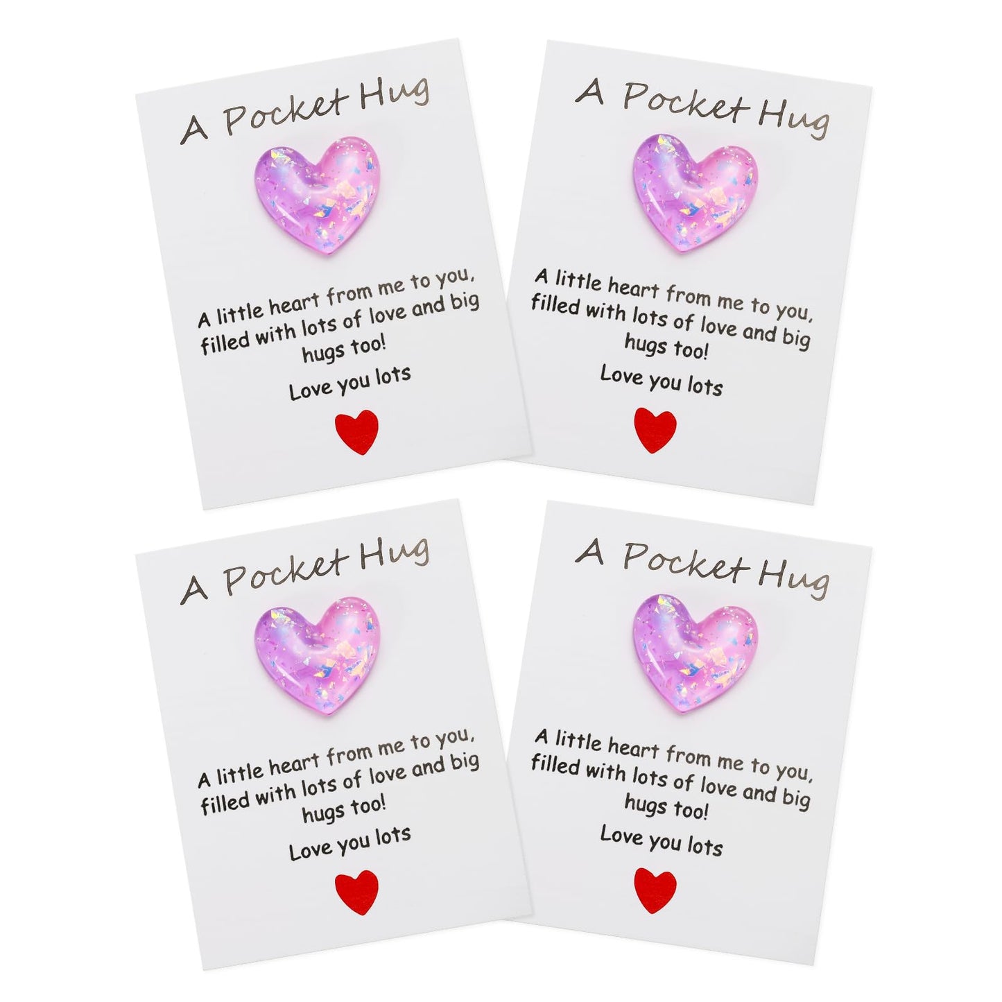 PATIKIL 4 Pack Pocket Hug Heart with Greeting Card, Pocket Hug Token Love Cards Cute A Little Resin Heart Shape Bulk for Friends Long Distance Relationship Gifts, Purple Pink