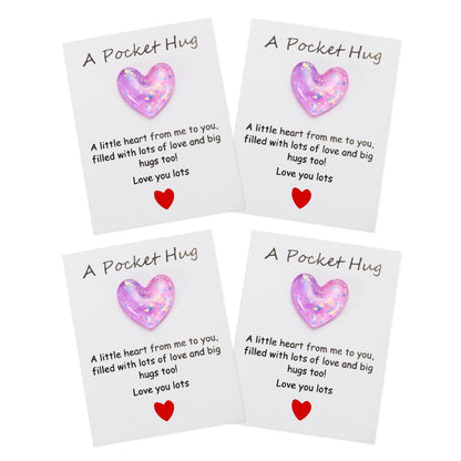 PATIKIL 4 Pack Pocket Hug Heart with Greeting Card, Pocket Hug Token Love Cards Cute A Little Resin Heart Shape Bulk for Friends Long Distance Relationship Gifts, Purple Pink