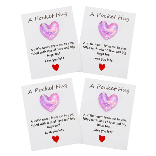 PATIKIL 4 Pack Pocket Hug Heart with Greeting Card, Pocket Hug Token Love Cards Cute A Little Resin Heart Shape Bulk for Friends Long Distance Relationship Gifts, Purple Pink