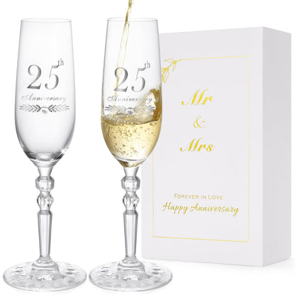 25th Anniversary Decorations Gifts for Couple, Classical Style 25th Wedding Anniversary Champagne Flutes Glasses, Crystal Champagne Glasses Set of 2, Gifts for husband, wife, Couple