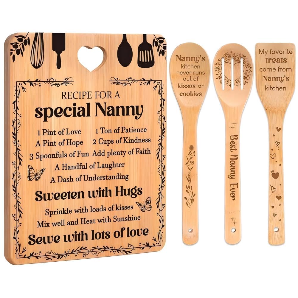 Gifts for Nanny - "Recipe for a Special Nanny" Nanny Gifts Cutting Board Set, Bamboo-Made Engraved Utensil Set Nanny Gifts for Grandma, Mothers Day Gifts for Nanny