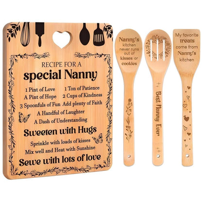 Gifts for Nanny - "Recipe for a Special Nanny" Nanny Gifts Cutting Board Set, Bamboo-Made Engraved Utensil Set Nanny Gifts for Grandma, Mothers Day Gifts for Nanny