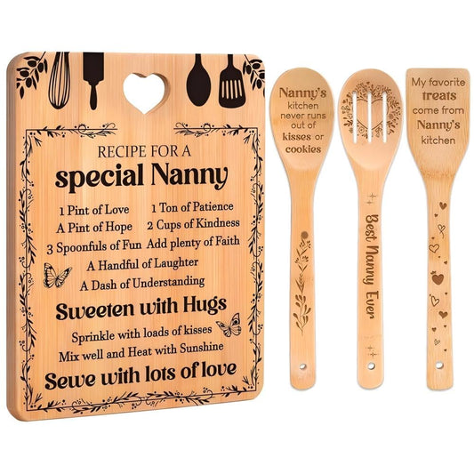 Gifts for Nanny - "Recipe for a Special Nanny" Nanny Gifts Cutting Board Set, Bamboo-Made Engraved Utensil Set Nanny Gifts for Grandma, Mothers Day Gifts for Nanny