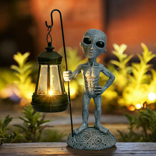 Alien Garden Outdoor Statue, Alien Stand on The Moon with Solar Light for Outdoor Decoration, Alien Garden Figurine & Statue for Front Porch Patio Yard Lawn Decor, Alien Gifts for Women Man