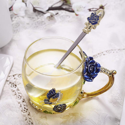 Luka Tech Enamels Butterfly flower Lead-free Glass Coffee Mugs Tea Cup with Steel Spoon, personalised Gifts For Women Wife Mom Friends Birthday Mothers Valentines Day Wedding (Blue)