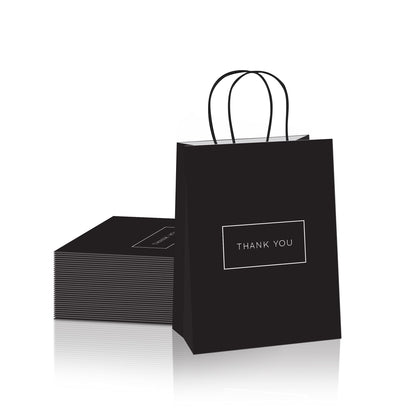 Purple Q Crafts Small Paper Thank You Gift Bags with Handles – 8x4x10 Inches, Strong Quality 50 Pack Black Shopping Bags with Thank You Logo
