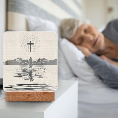 Christian Mom Gift – LED Night Light with Jesus and Cross Design – Mother's Day for Christian Mom – USB Powered Lamp – Wooden Base – Inspirational Christian Home Decor and Encouragement Gift