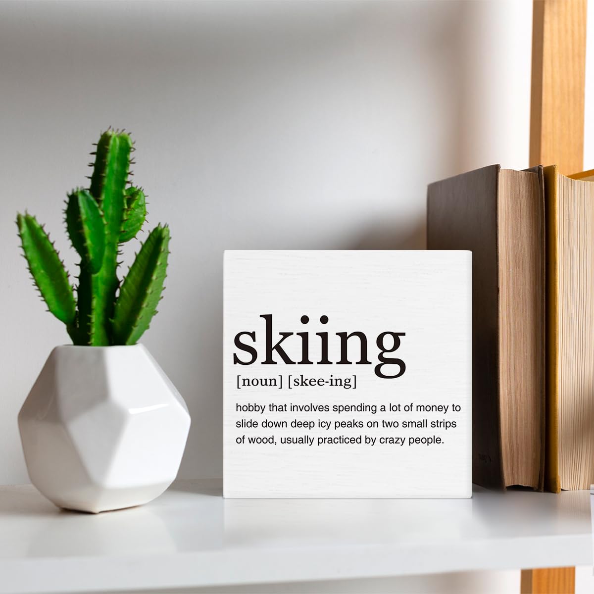 Dumyum Skier Gift Skiing Definition Wooden Box Sign Ski Quotes Desk Decorative Wooden Sign Home Decor for Desk Table Shelf (5 x 5 Inches), Medium