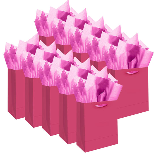 qiqee 10PCS Bright Pink Mini Gift Bags with Tissue Paper Handles 6.3"x4.7"x2.4" Small Size Present Party Favor Bags（ Tissue Paper ）