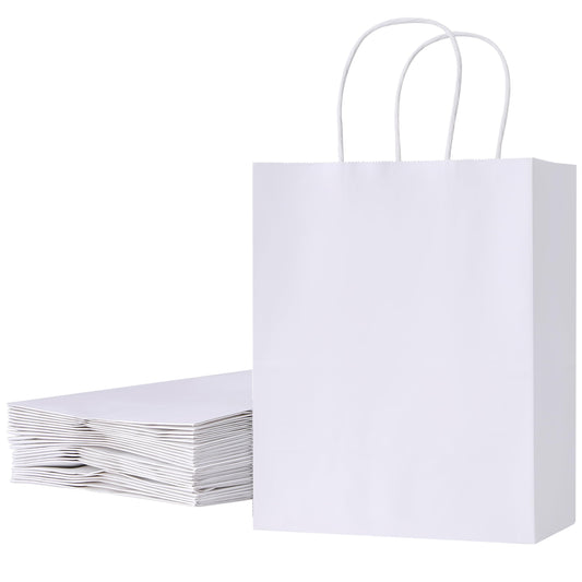 SUNCOLOR White Kraft Paper Gift Bags with Handles, 25 Pack, Medium 8x4.5x10 Inches, Sturdy Recyclable Shopping Bags for Party Favors, Retail, Weddings, and DIY Branding