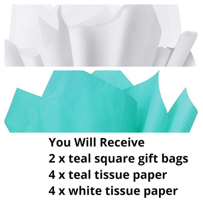 JUNESHE 2 Pack Medium Square Gift Bags with Handles & Tissue Paper, 7.87 inch Blue Paper Bag for Birthday Party Favors Baby Bridal Shower Presents Wedding Anniversary