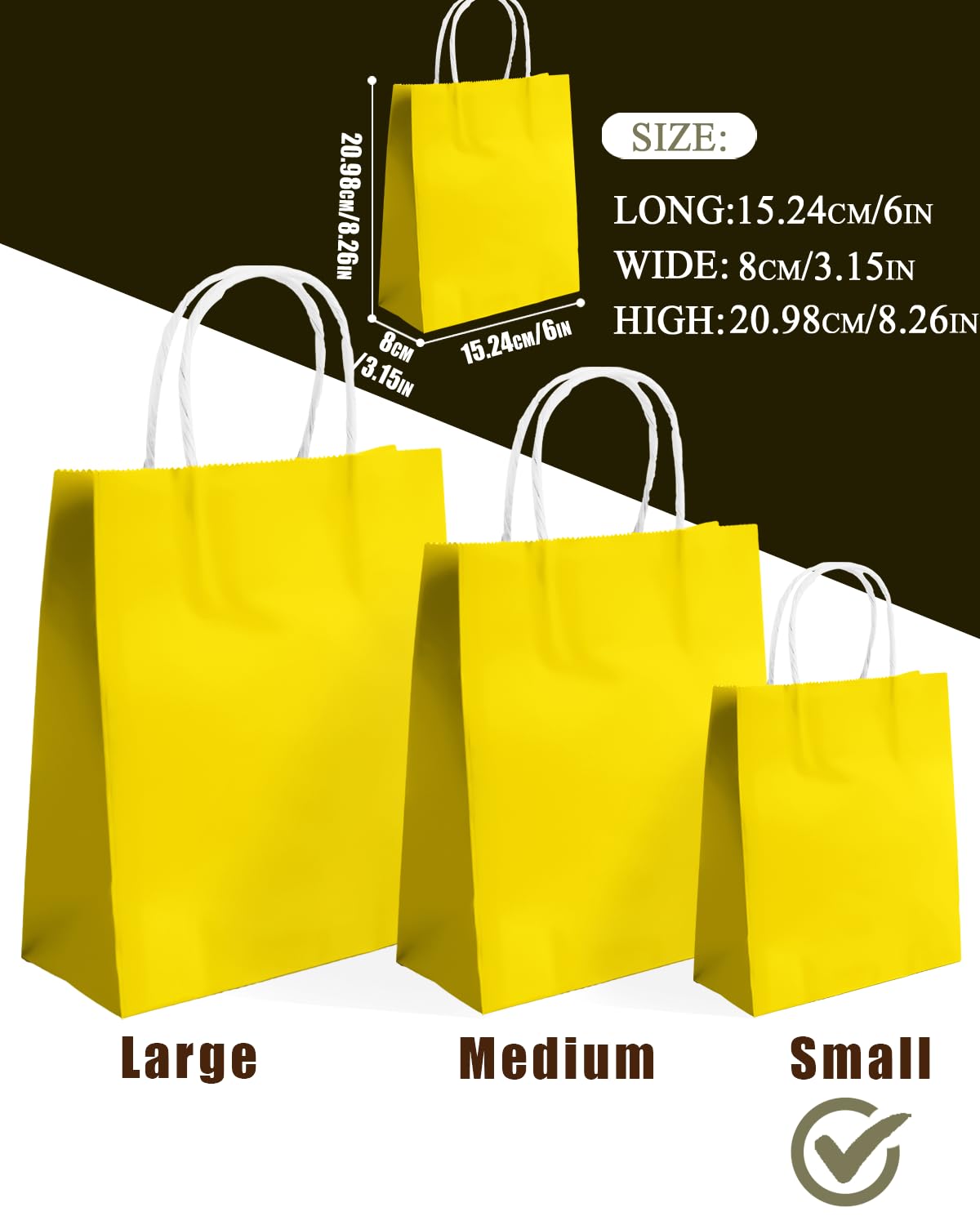 qiqee 24PCS Small Gift Bag with Handles Bulk 8.3"x6"x3" Gift Bags Bright Yellow Bags Multiple Uses (Small Size)