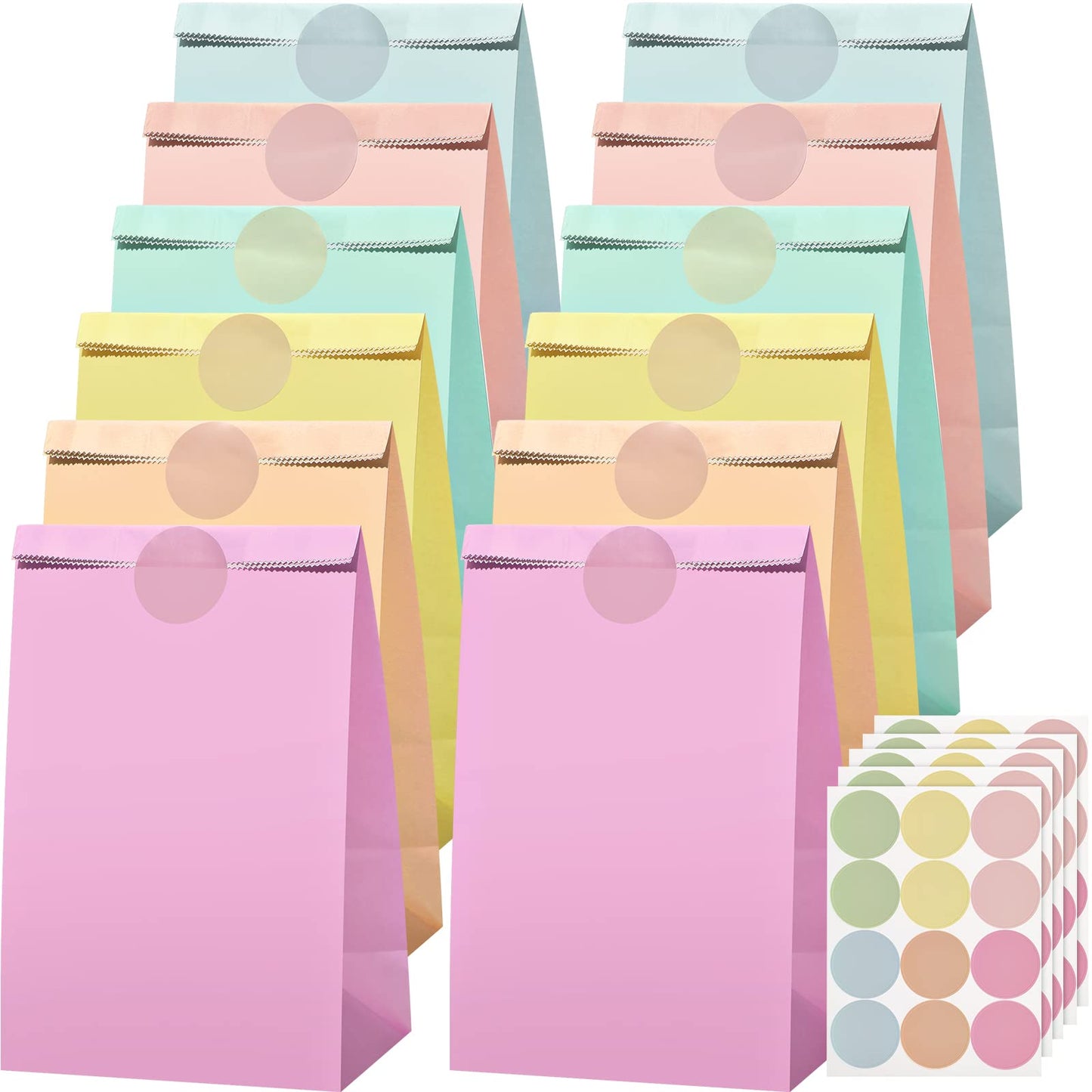 Zhehao 120 Pcs Pastel Gift Bags Candy Paper Bags with Stickers 5.1 x 3.2 x 9.5 Inch Party Favor Pastel Goodie Treat Sweet Craft Treat for Birthday Wedding Anniversary Supply