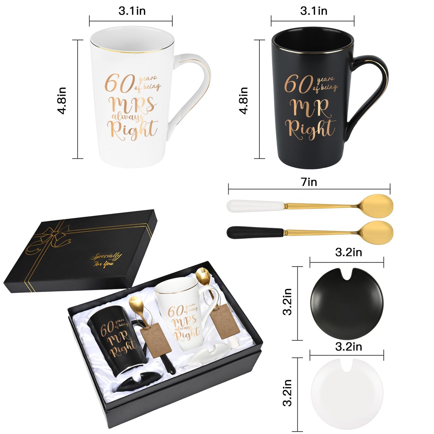 YHRJWN 60th Wedding Gifts, 60 Years of Being Mr & Mrs Always Right Mug Set 14Oz with Lids Spoons and Gift Box, Christmas Anniversary Presents for Parents Couple