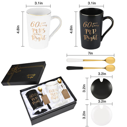 YHRJWN 60th Wedding Gifts, 60 Years of Being Mr & Mrs Always Right Mug Set 14Oz with Lids Spoons and Gift Box, Christmas Anniversary Presents for Parents Couple