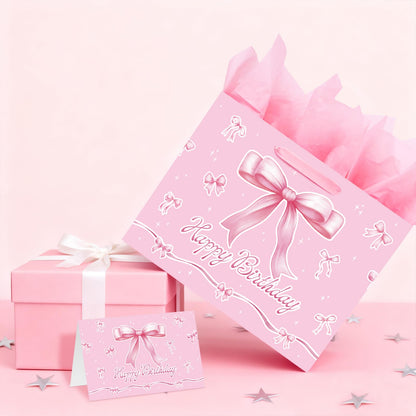 Happy Birthday Gift Bag with Card & Tissue Paper - Pink Bow Party Favor Birthday Bag for Kids, Medium Size 13x10.2x4.9 Inches, Ideal for Birthday Decorations