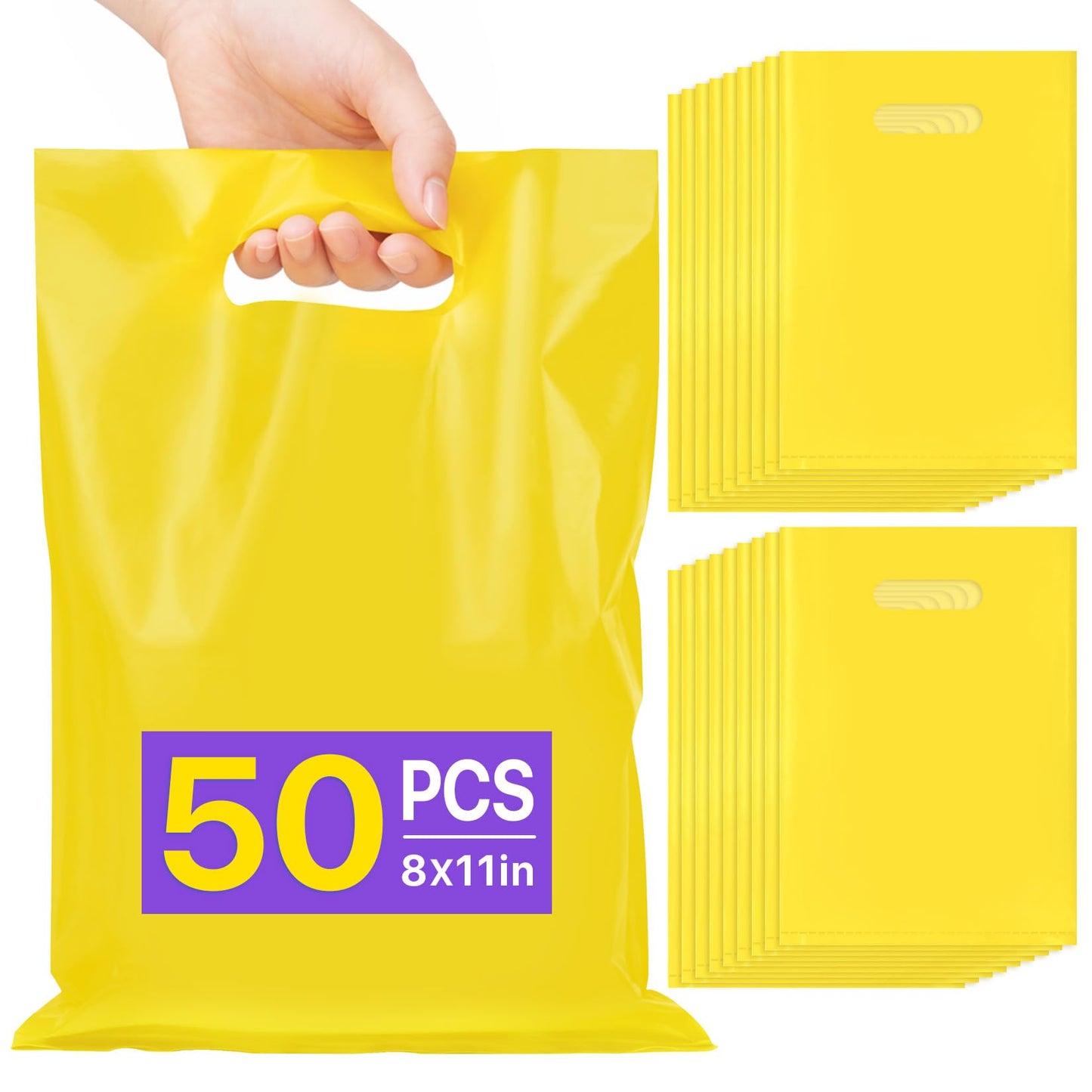 ANZNKU 8"x11" Yellow Party Favor Bags 50 PCS, Plastic Gift Bags for Easter Candy Treat Jewelry Craft, Goodie Bag with Die Cut Handles for Birthday, School Events & Small Business, Wedding