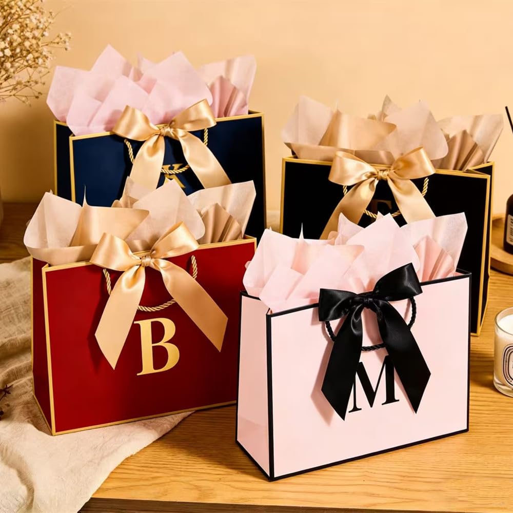 Topaliving Personalized Gift Bag with Card and Tissue Paper, 26 Letters Birthday Gift Bag 13''Custom Valentines Weddings Present with Initials/Numbers for Women Men Kids (Blue,J)
