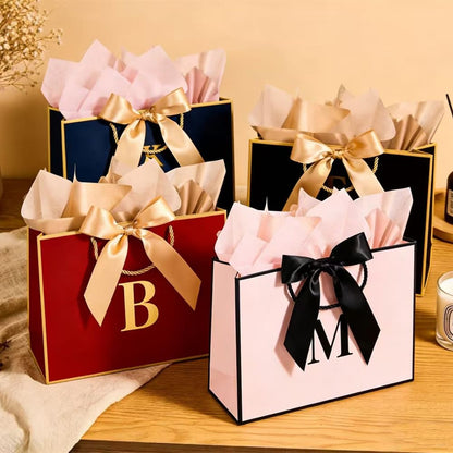 Topaliving Personalized Gift Bag with Card and Tissue Paper, 26 Letters Birthday Gift Bag 13''Custom Valentines Weddings Present with Initials/Numbers for Women Men Kids (Blue,J)