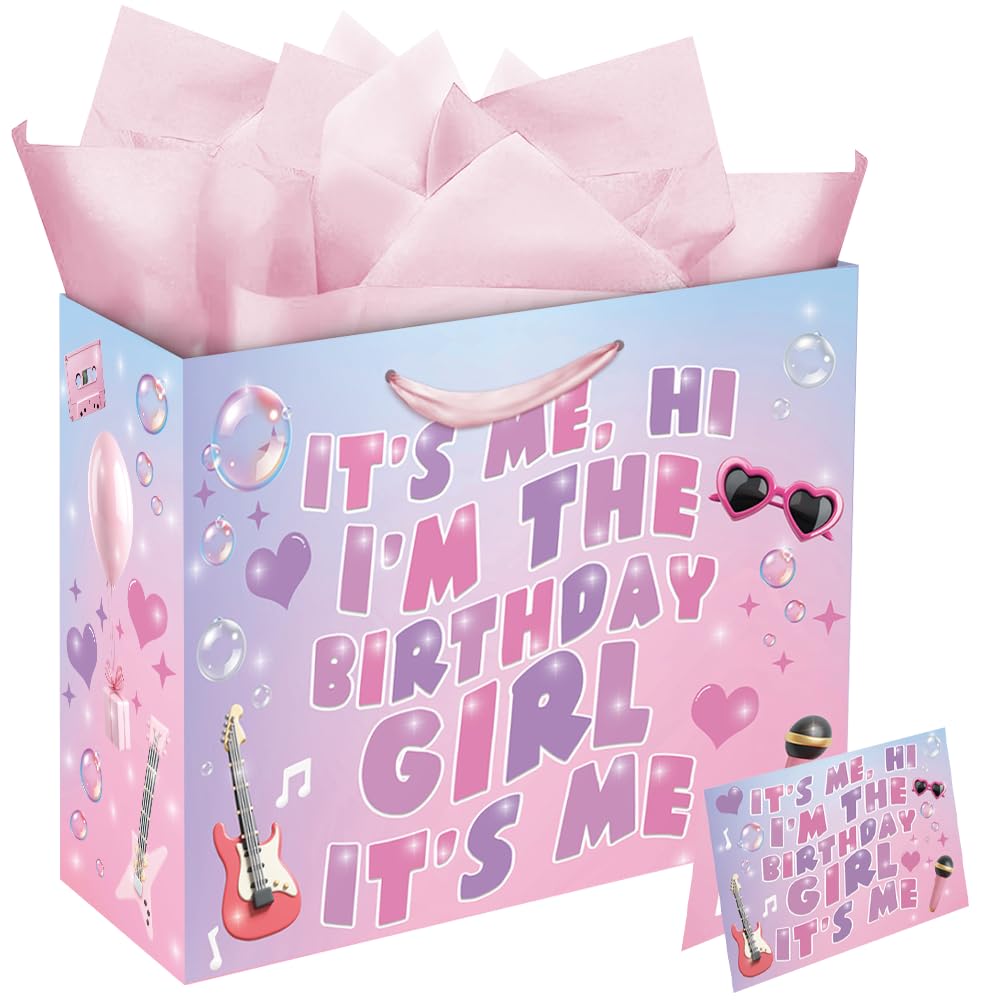 Eaureum It's Me Hi I'm The Birthday Girl Gift Bag for Girls, Purple Pink Blue Birthday Gift Bag Party Decorations for Girls Daughter Granddaughter Friends