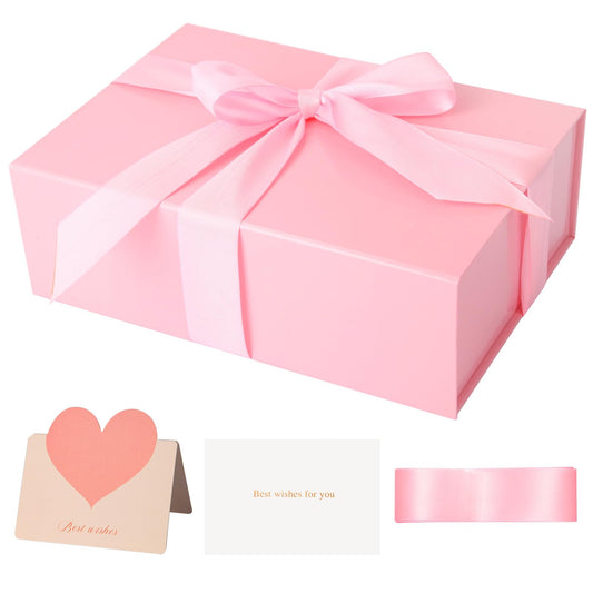 Pink Gift Box 11’’x7.2”x3.5”, Glossy Magnetic Gift Box with Lid for Present Contains 1-1/2’’ Widened Ribbon, Liner Paper, Card for Christmas, Valentine's Day, Wedding, Birthday