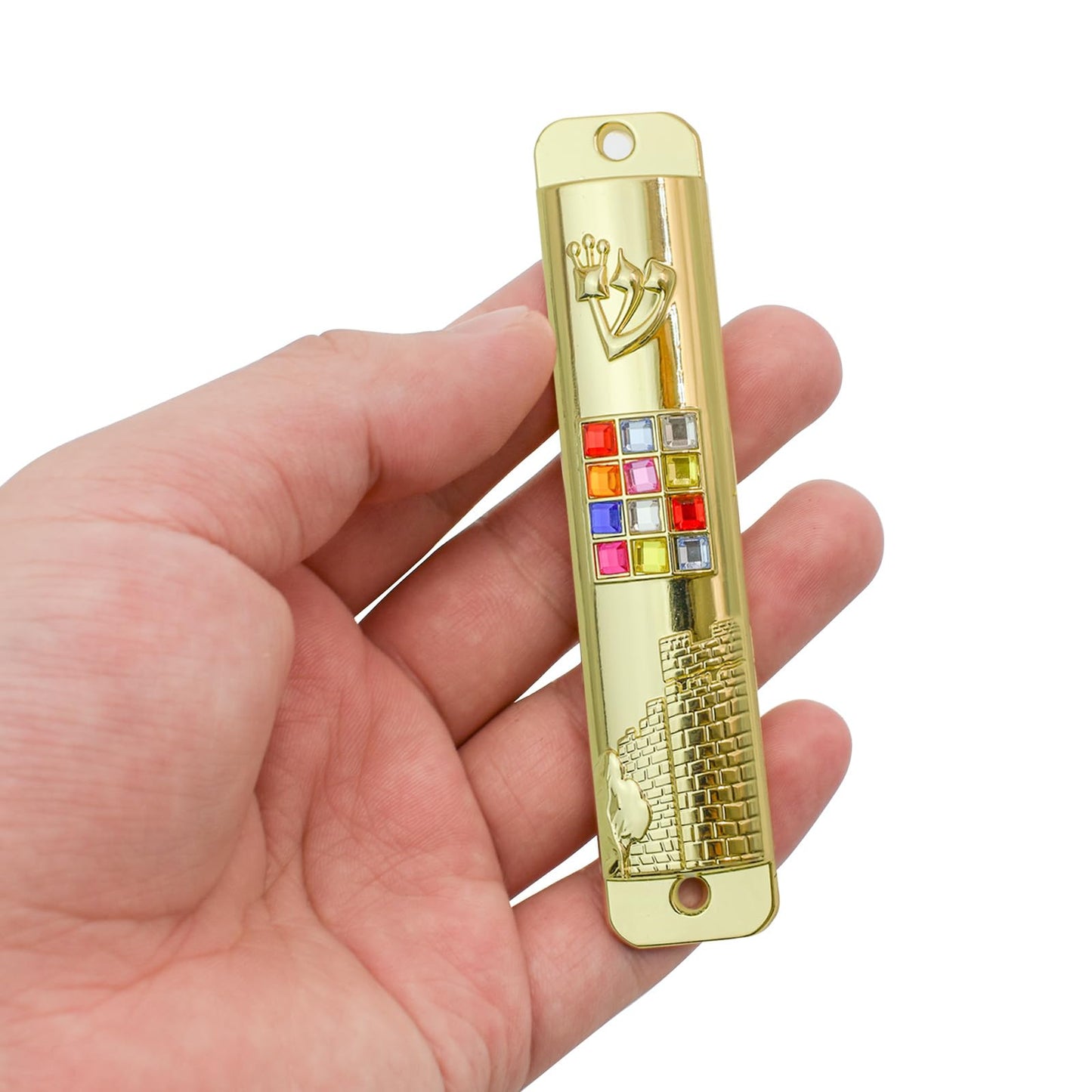 Mezuzah with Scroll for Door, Metal Mezuzah Case with 12 Tribes of Israel Hoshen Stones for Hebrew Home Blessing, Jewish Gifts, Jewish House Warming Decor, Christmas, Easter (Gold)