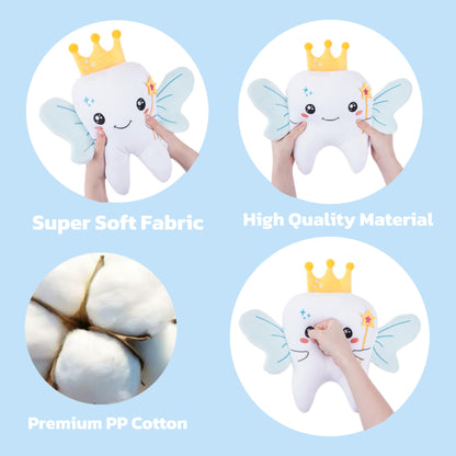 Tooth Fairy Plush Holder Gift – 12 Inch Big Tooth Pillow Crown Blue Wings Star Wand Kids' Tooth Fairy Gift for Boys Girls with Pocket
